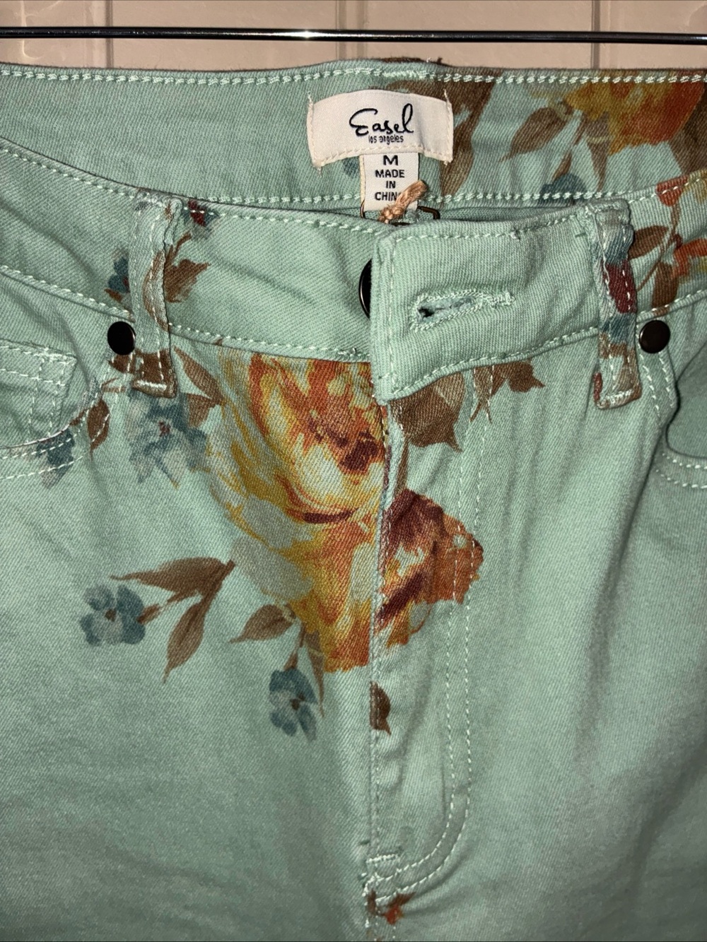 Floral Wide Leg Jeans in Mint with Brown Rose Print - Picture 2 of 9
